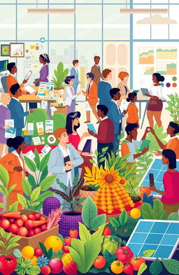 A vibrant and illustrative scene depicting the themes of administration, marketing, sales, economics, sustainability, and food security