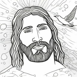 Colouring book page with a close-up view of Jesus' face, water droplets cascading down, as he is baptized by John, with a dove flying overhead