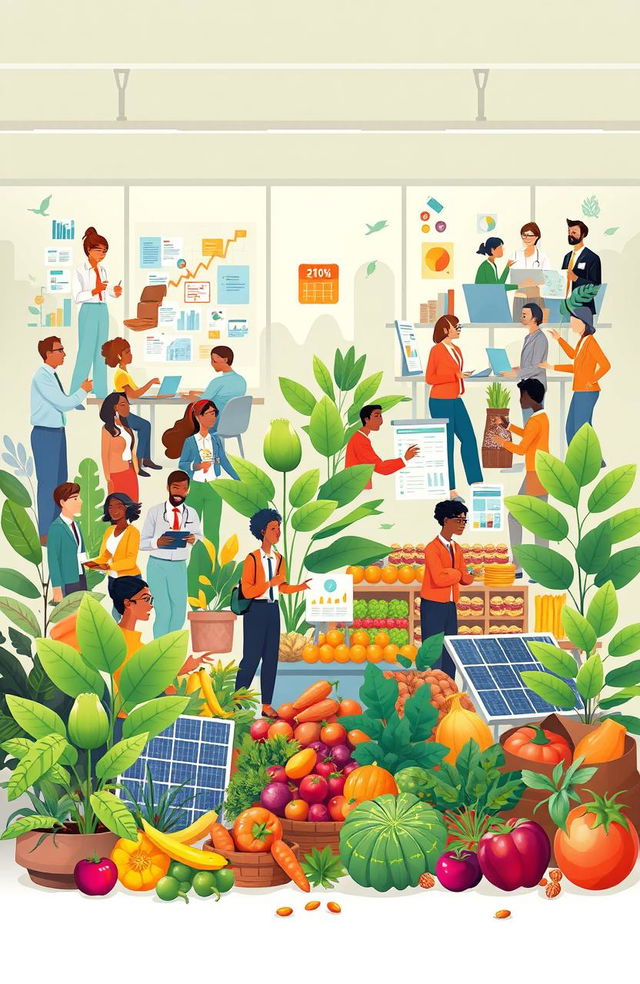 A vibrant and illustrative scene depicting the themes of administration, marketing, sales, economics, sustainability, and food security