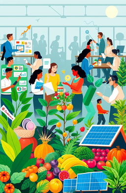 A vibrant and illustrative scene depicting the themes of administration, marketing, sales, economics, sustainability, and food security