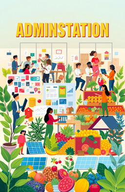 A vibrant and illustrative scene depicting the themes of administration, marketing, sales, economics, sustainability, and food security