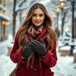 A 35-year-old woman with long flowing hair, embodying an Argentine appearance, dressed in stylish winter clothing