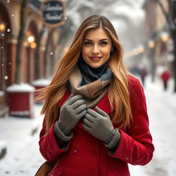 A 35-year-old woman with long flowing hair, embodying an Argentine appearance, dressed in stylish winter clothing