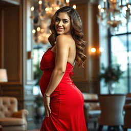 A stunning, curvy woman wearing a flowing red dress that elegantly hugs her figure