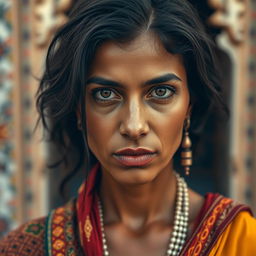 A 35-year-old woman of North African descent, characterized by her olive skin, dark hair, and strikingly expressive eyes that convey depth and emotion