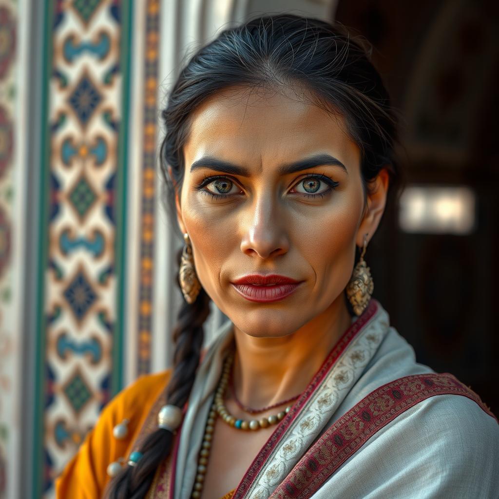 A 35-year-old woman of North African descent, characterized by her olive skin, dark hair, and strikingly expressive eyes that convey depth and emotion