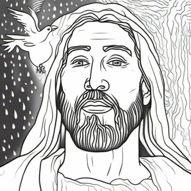 Colouring book page with a close-up view of Jesus' face, water droplets cascading down, as he is baptized by John, with a dove flying overhead