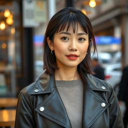 A 33-year-old woman with Asian features, showcasing a neat hairstyle and fair skin