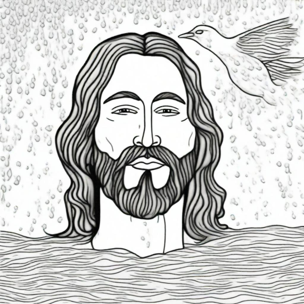 A detailed colouring book page of a close-up of Jesus' face emerging from the water, droplets falling, during his baptism by John, with a dove in flight above