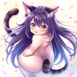 A stunning portrayal of Neco-Arc, an anime cat girl character with voluptuous curves and a large backside, playfully engaging with the viewer