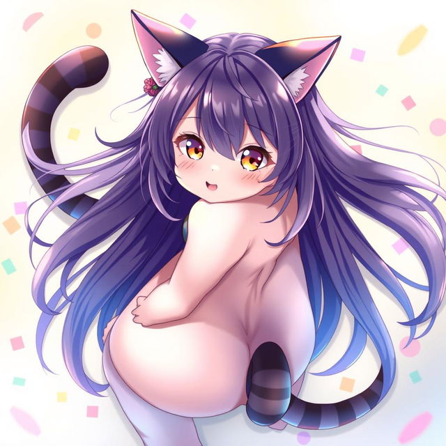 A stunning portrayal of Neco-Arc, an anime cat girl character with voluptuous curves and a large backside, playfully engaging with the viewer