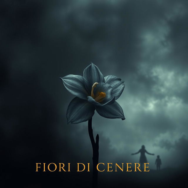 A dark romance themed book cover featuring a delicate yet haunting Narcissus flower made entirely of ash, teetering on the brink of disintegration