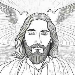 A detailed colouring book page of a close-up of Jesus' face emerging from the water, droplets falling, during his baptism by John, with a dove in flight above