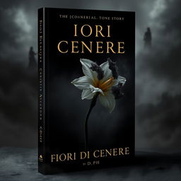 A dark romance themed book cover featuring a delicate yet haunting Narcissus flower made entirely of ash, teetering on the brink of disintegration