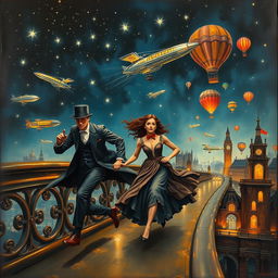 An oil painting capturing a male and female spy, both elegantly dressed in Victorian attire, sprinting across a bridge that overlooks a lively steampunk city at night