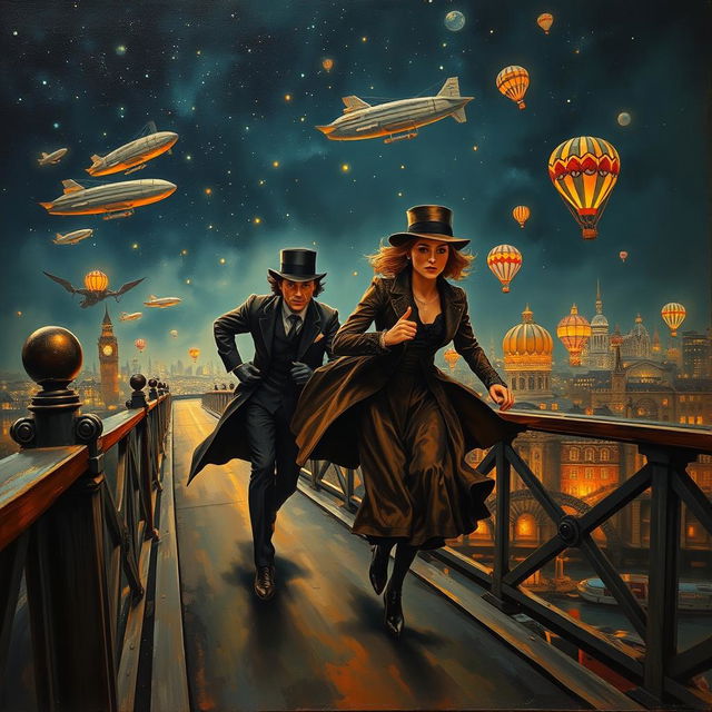 An oil painting capturing a male and female spy, both elegantly dressed in Victorian attire, sprinting across a bridge that overlooks a lively steampunk city at night