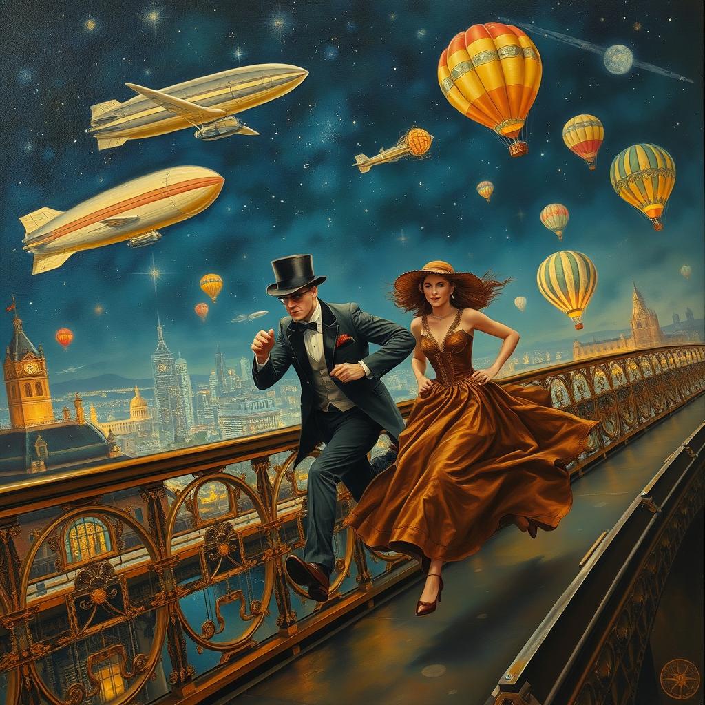 An oil painting capturing a male and female spy, both elegantly dressed in Victorian attire, sprinting across a bridge that overlooks a lively steampunk city at night