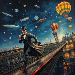 An oil painting capturing a male and female spy, both elegantly dressed in Victorian attire, sprinting across a bridge that overlooks a lively steampunk city at night