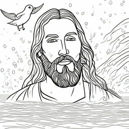 A detailed colouring book page of a close-up of Jesus' face emerging from the water, droplets falling, during his baptism by John, with a dove in flight above