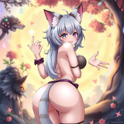 A fully exposed anime cat girl Neco-arc with voluptuous curves and a large backside, playfully presenting in a teasing manner, exotic cat ears and a mischievous smile, in a colorful fantasy setting