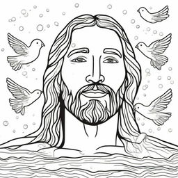 A detailed colouring book page of a close-up of Jesus' face emerging from the water, droplets falling, during his baptism by John, with a dove in flight above