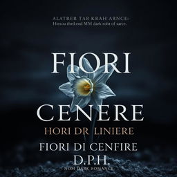 A dark and captivating book cover for a MM dark romance titled 'FIORI DI CENERE' by DPH