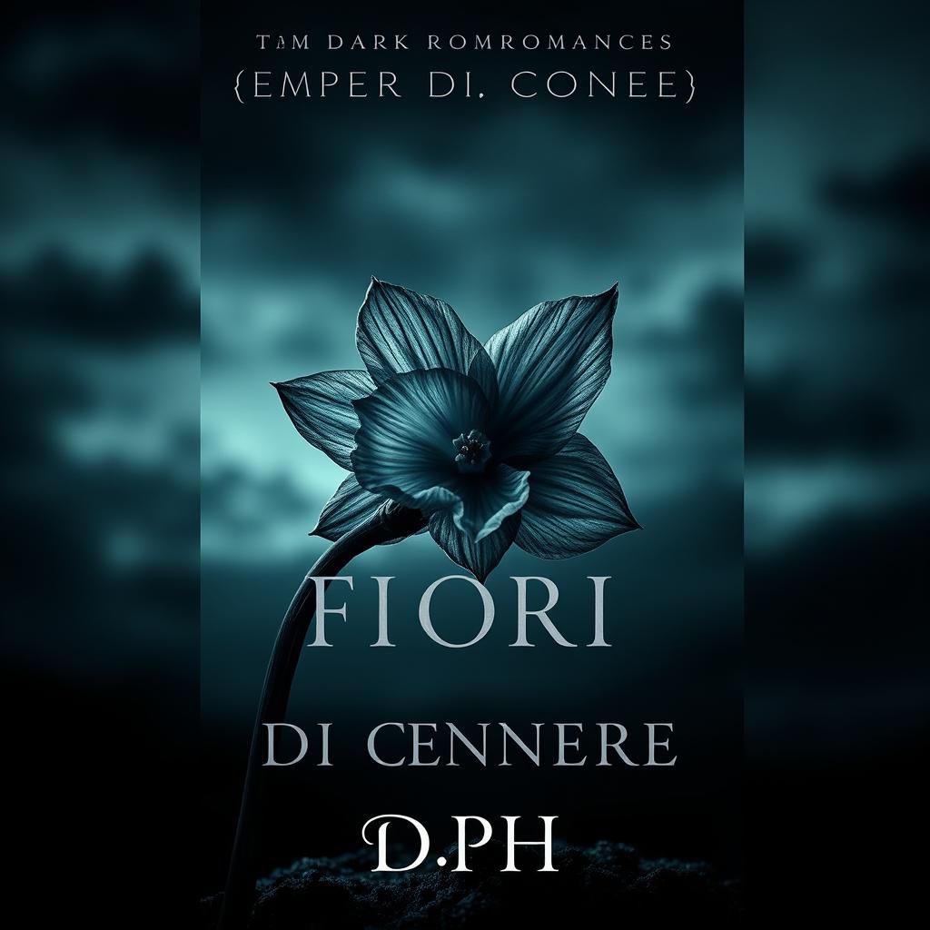 A dark and captivating book cover for a MM dark romance titled 'FIORI DI CENERE' by DPH