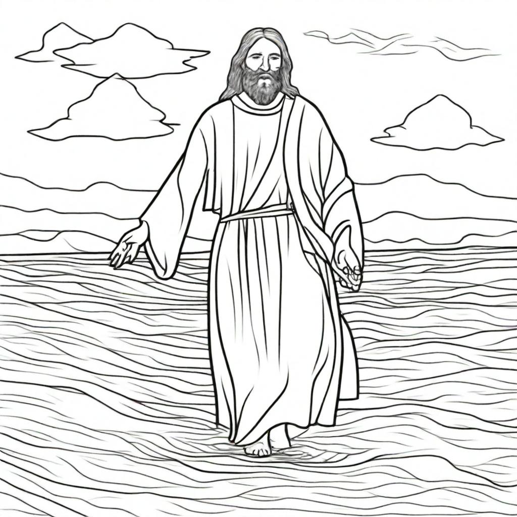 A line-drawn colouring page showcasing Jesus miraculously walking on a calm sea.