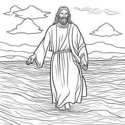 A line-drawn colouring page showcasing Jesus miraculously walking on a calm sea.