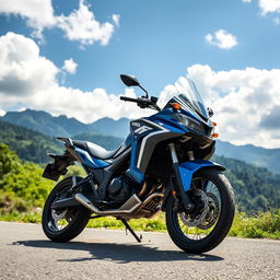 A powerful Honda XRE 300 motorcycle parked on a scenic mountain road with lush greenery all around