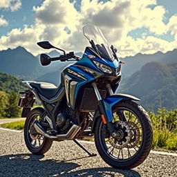 A powerful Honda XRE 300 motorcycle parked on a scenic mountain road with lush greenery all around