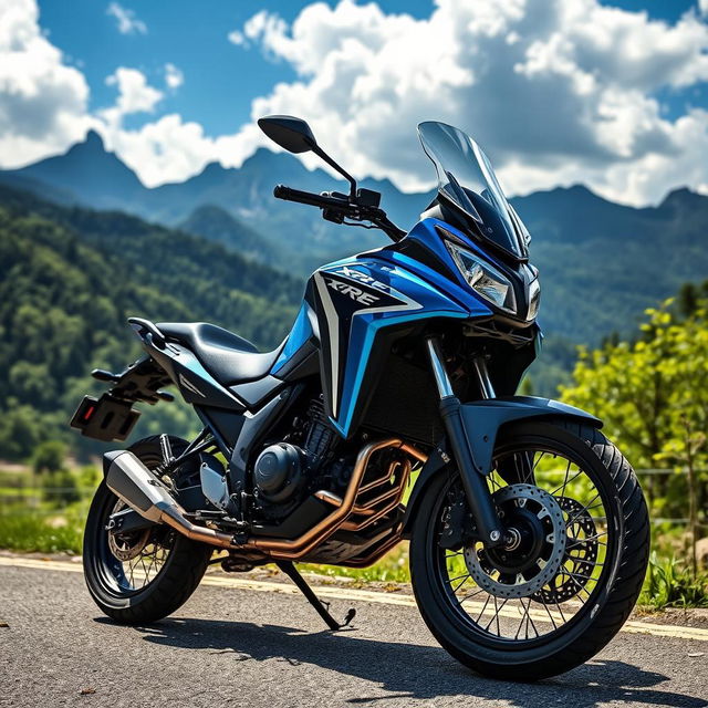 A powerful Honda XRE 300 motorcycle parked on a scenic mountain road with lush greenery all around