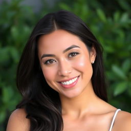 A 32-year-old woman of Latin American descent, featuring a natural makeup look that enhances her warm gaze