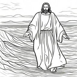 A line-drawn colouring page showcasing Jesus miraculously walking on a calm sea.