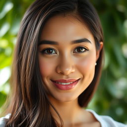 A 32-year-old woman of Latin American descent, featuring a natural makeup look that enhances her warm gaze