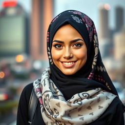 A stylish, attractive young woman wearing a beautifully patterned hijab, radiating confidence and grace