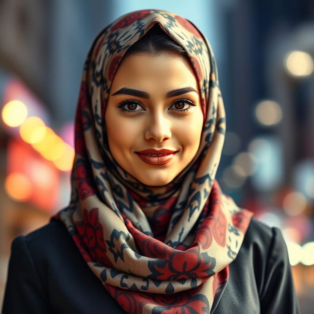 A stylish, attractive young woman wearing a beautifully patterned hijab, radiating confidence and grace