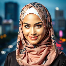 A stylish, attractive young woman wearing a beautifully patterned hijab, radiating confidence and grace