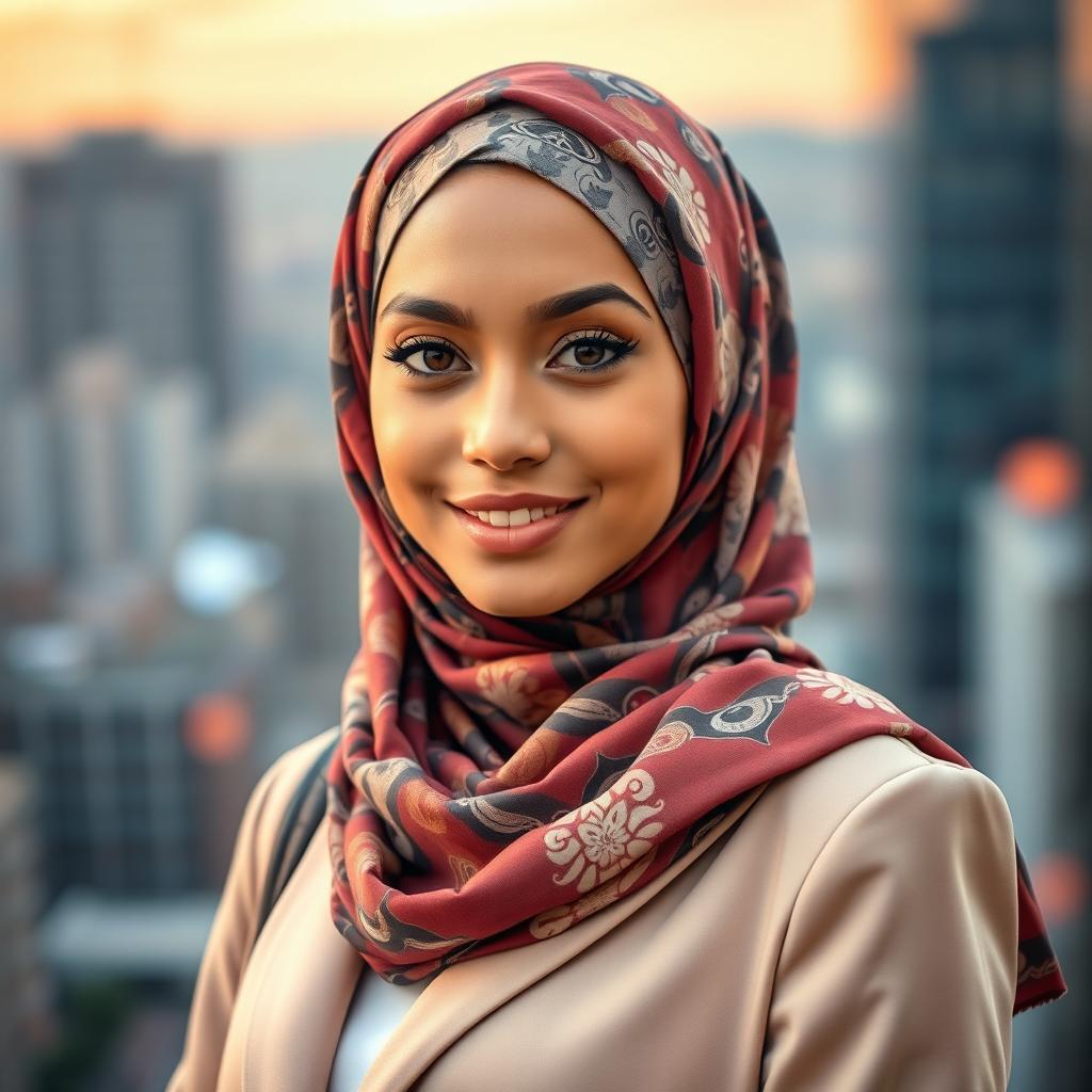 A stylish, attractive young woman wearing a beautifully patterned hijab, radiating confidence and grace