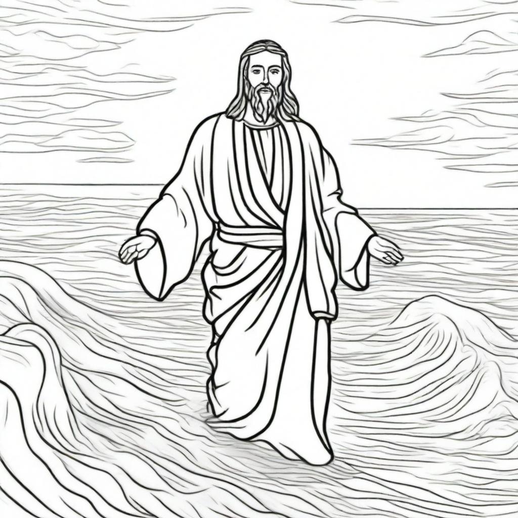 A line-drawn colouring page showcasing Jesus miraculously walking on a calm sea.