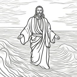 A line-drawn colouring page showcasing Jesus miraculously walking on a calm sea.