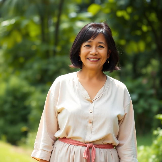 A simple Colombian woman aged 40, with dark hair, dressed in modest clothing