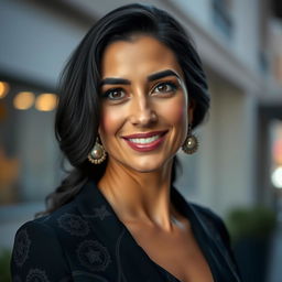 A 35-year-old woman with black hair and Sephardic features, dressed elegantly