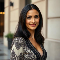 A 35-year-old woman with black hair and Sephardic features, dressed elegantly