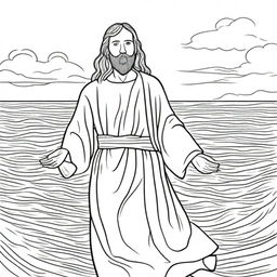 A line-drawn colouring page showcasing Jesus miraculously walking on a calm sea.