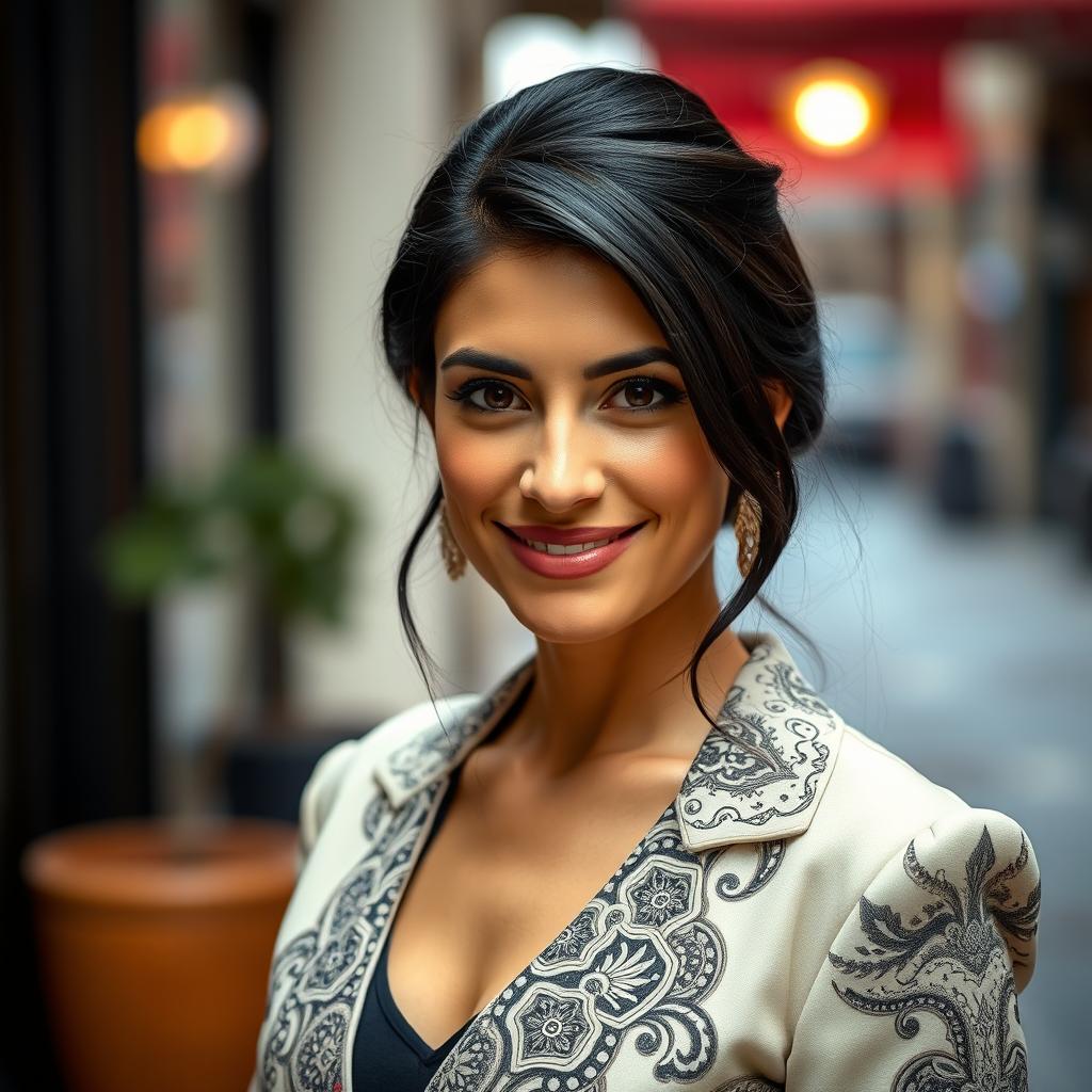 A 35-year-old woman with black hair and Sephardic features, dressed elegantly