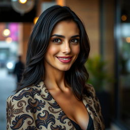 A 35-year-old woman with black hair and Sephardic features, dressed elegantly