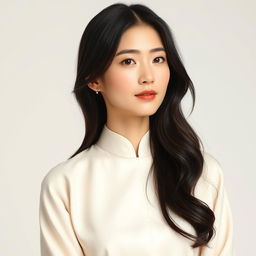 A serene and elegant woman aged 28-32, of average height with a slender figure featuring soft, rounded lines