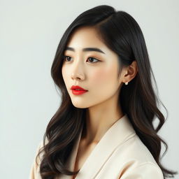 A serene and elegant woman aged 28-32, of average height with a slender figure featuring soft, rounded lines