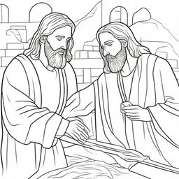 A colouring book page depicting Jesus tenderly healing a blind man, with simple outlines and details for colouring.